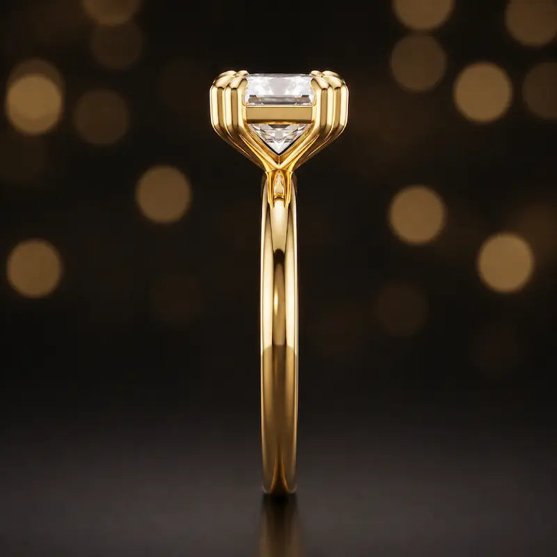 Side profile of a 1.5 carat princess cut diamond solitaire engagement ring showing the 4 double claw setting and 18kt yellow gold band by TJ Diamond