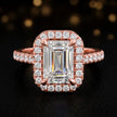 Front view of an emerald cut halo lab-grown diamond engagement ring in 18kt rose gold.
