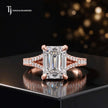 Front view of an emerald cut split shank lab-grown diamond engagement ring in 18kt rose gold.