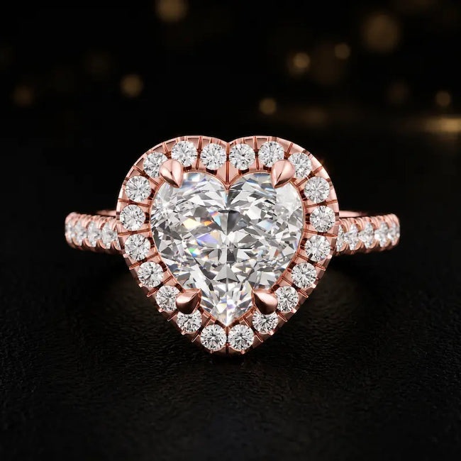 Front view of a heart cut halo lab-grown diamond engagement ring in 18kt rose gold.