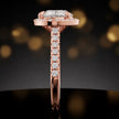 Side profile of a heart cut halo lab-grown diamond engagement ring in 18kt rose gold.