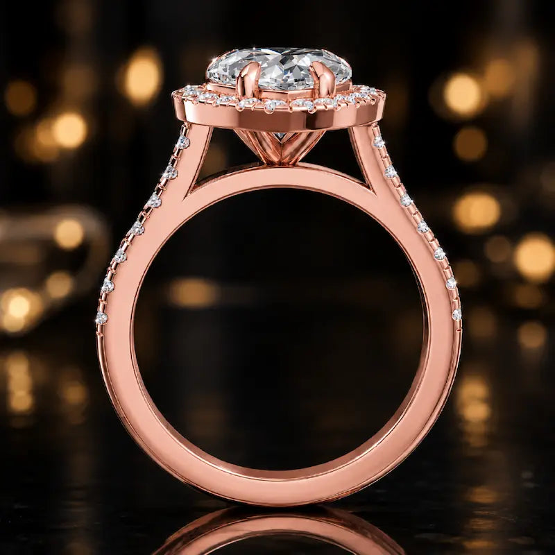 Side view of a heart cut halo lab-grown diamond engagement ring with diamond-set shoulders in 18kt rose gold.