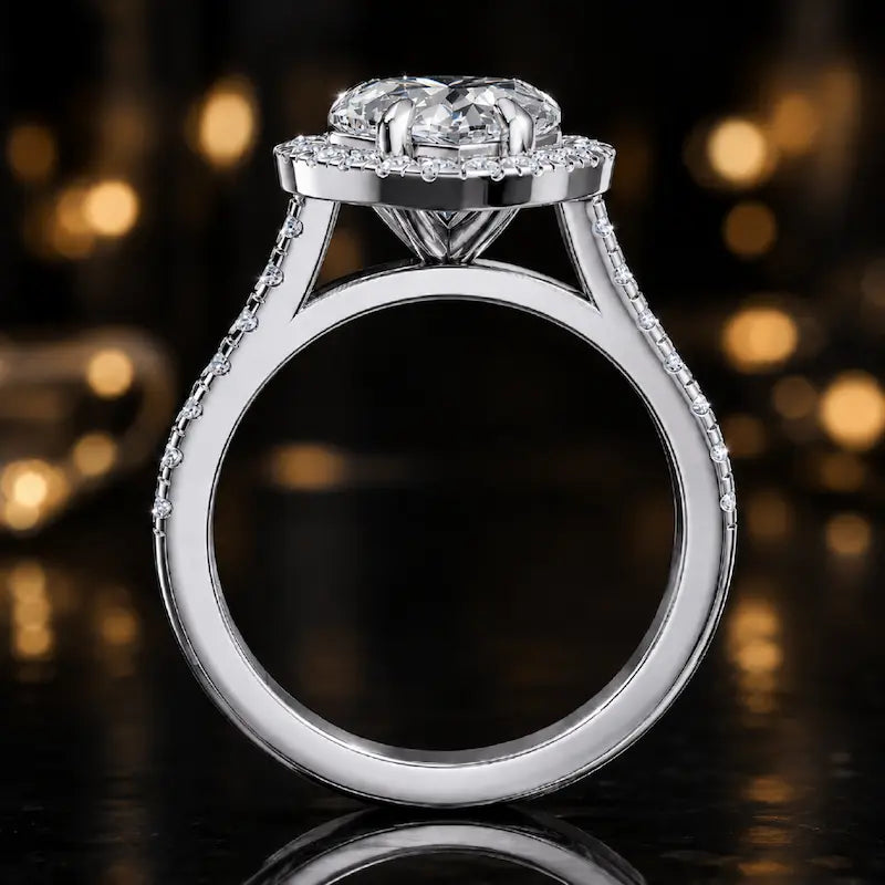 Side view of a heart cut halo lab-grown diamond engagement ring with diamond-set shoulders in 18kt white gold.