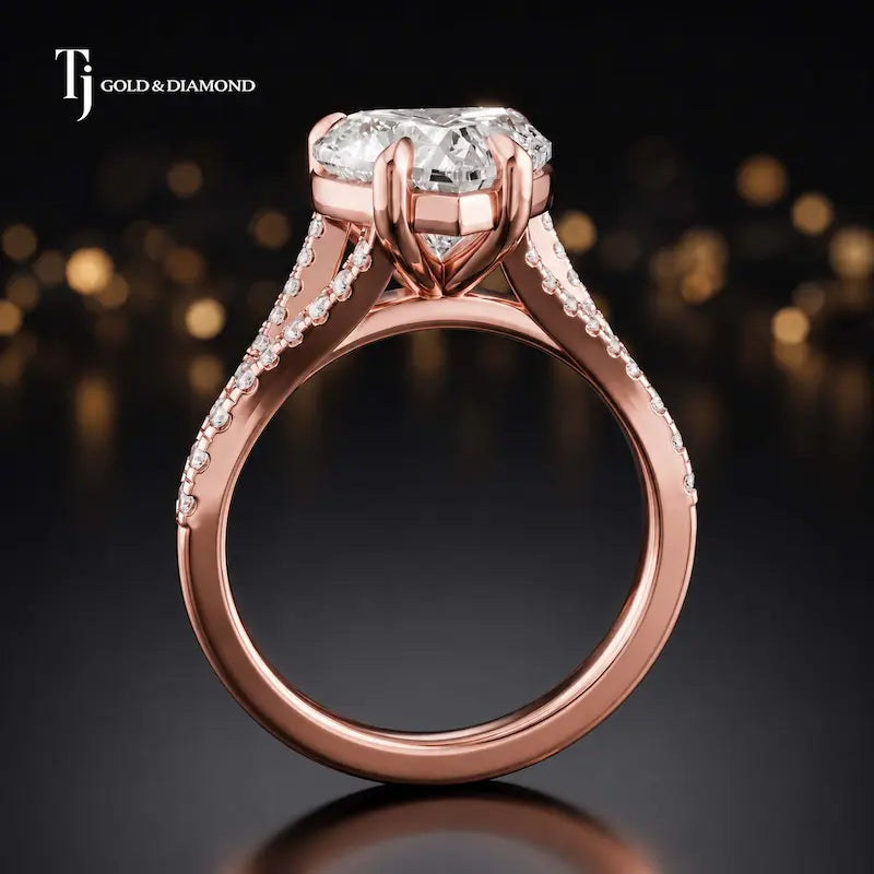 Side view of a heart cut split shank lab-grown diamond engagement ring featuring a four-claw cathedral setting in 18kt rose gold.
