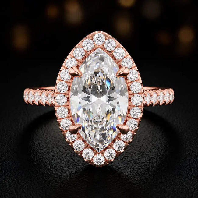 Front view of a marquise cut halo lab-grown diamond engagement ring in 18kt rose gold.