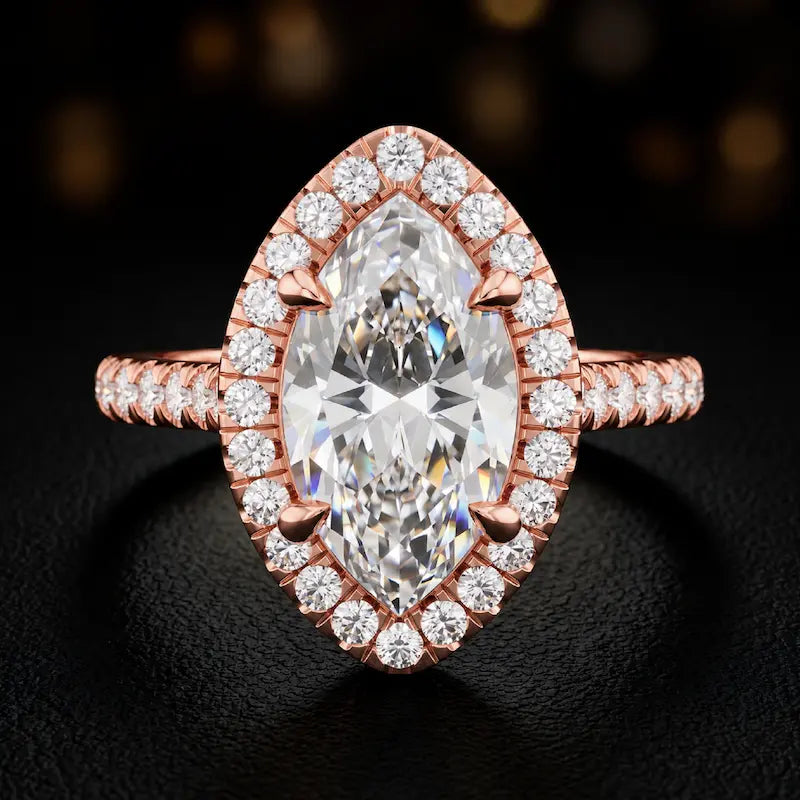 Front view of a marquise cut halo lab-grown diamond engagement ring in 18kt rose gold.