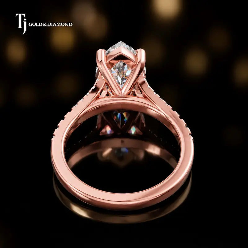 Back view of a marquise cut split shank lab-grown diamond engagement ring in 18kt rose gold.