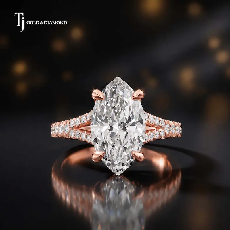 Front view of a marquise cut split shank lab-grown diamond engagement ring in 18kt rose gold.
