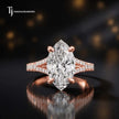Front view of a marquise cut split shank lab-grown diamond engagement ring in 18kt rose gold.