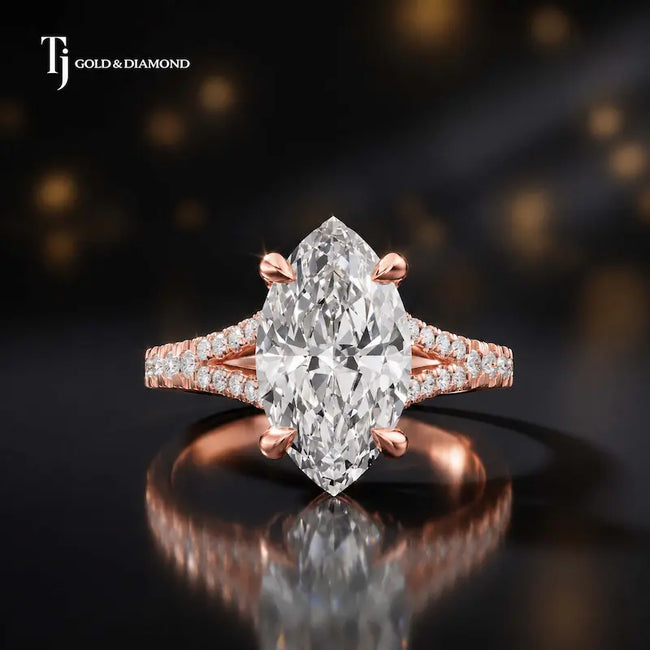 Front view of a marquise cut split shank lab-grown diamond engagement ring in 18kt rose gold.