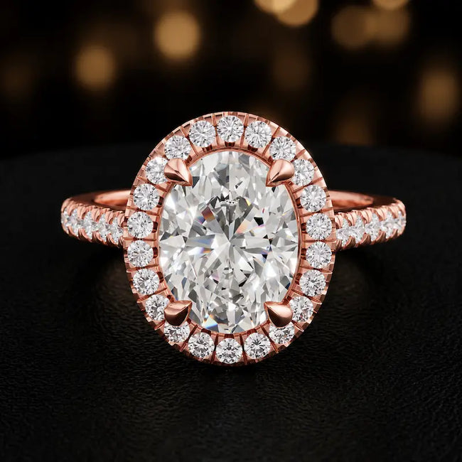 Front view of an oval cut halo lab-grown diamond engagement ring in 18kt rose gold.