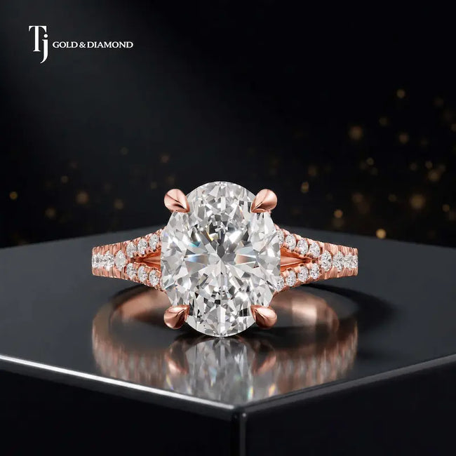 Front view of an oval cut split shank lab-grown diamond engagement ring in 18kt rose gold.