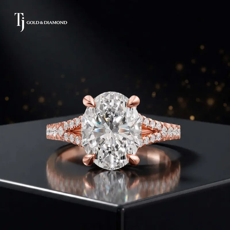 Front view of an oval cut split shank lab-grown diamond engagement ring in 18kt rose gold.