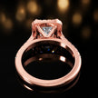 Rear view of a princess cut halo lab-grown diamond engagement ring in 18kt rose gold.