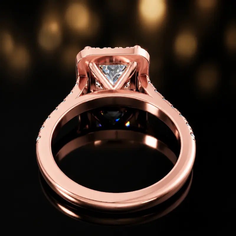 Rear view of a princess cut halo lab-grown diamond engagement ring in 18kt rose gold.
