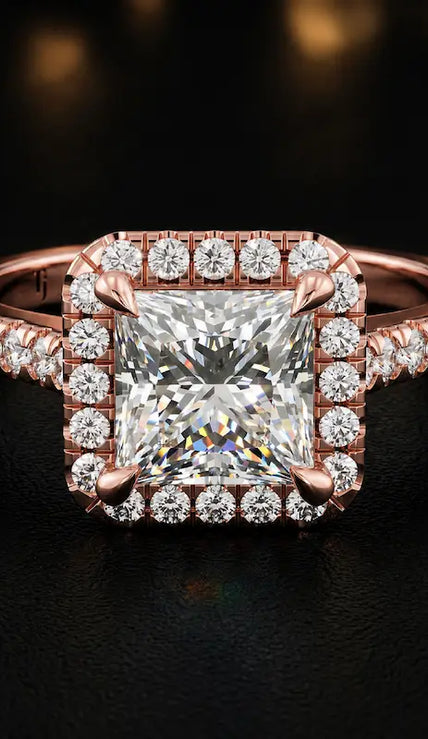 Front view of a princess cut halo lab-grown diamond engagement ring in 18kt rose gold.
