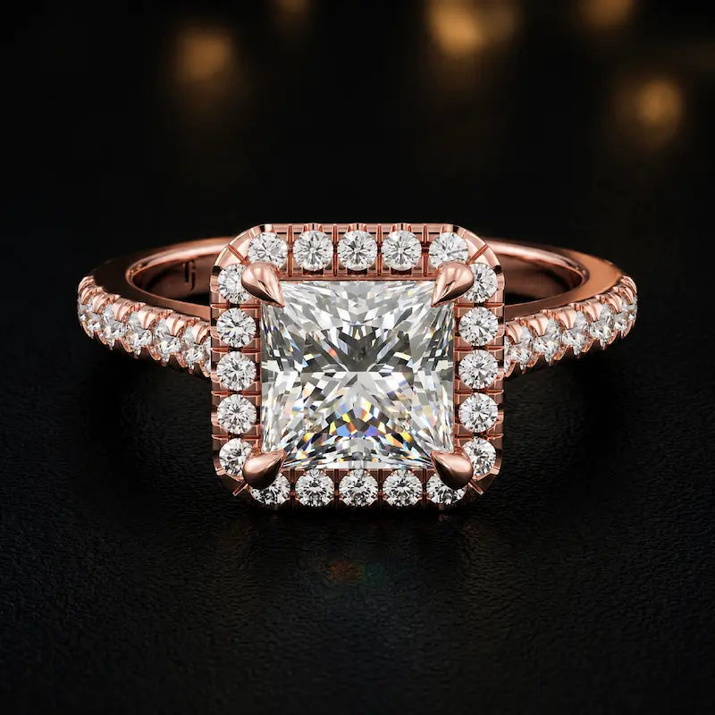Front view of a princess cut halo lab-grown diamond engagement ring in 18kt rose gold.