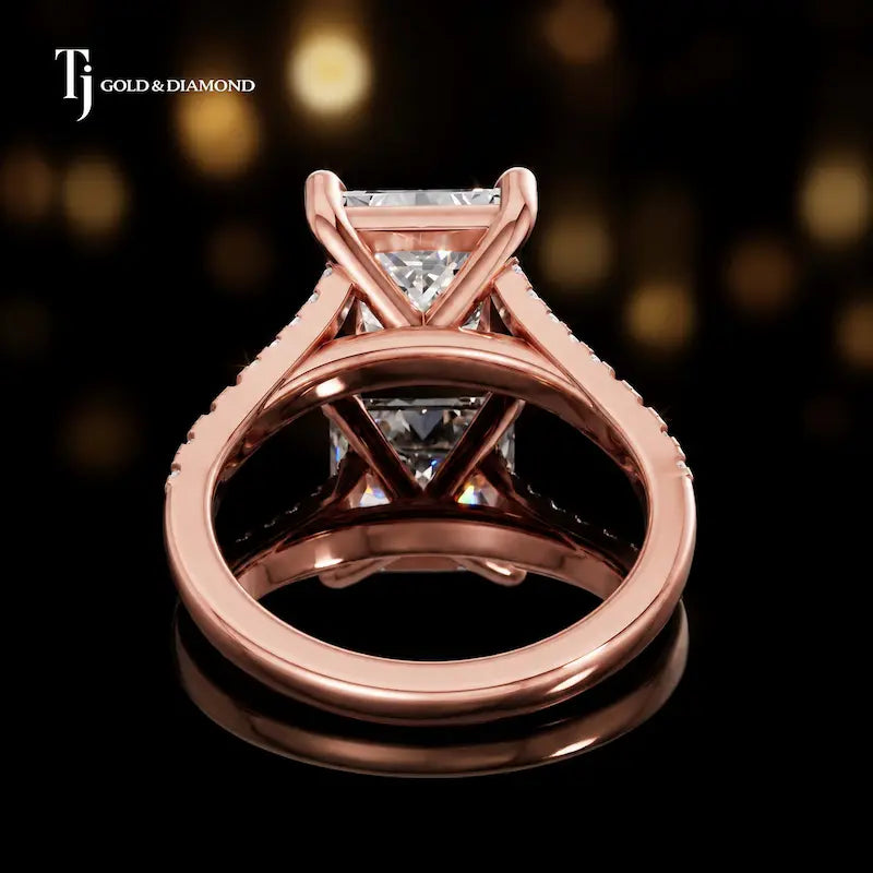 Back view of a princess cut split shank lab-grown diamond engagement ring in 18kt rose gold.