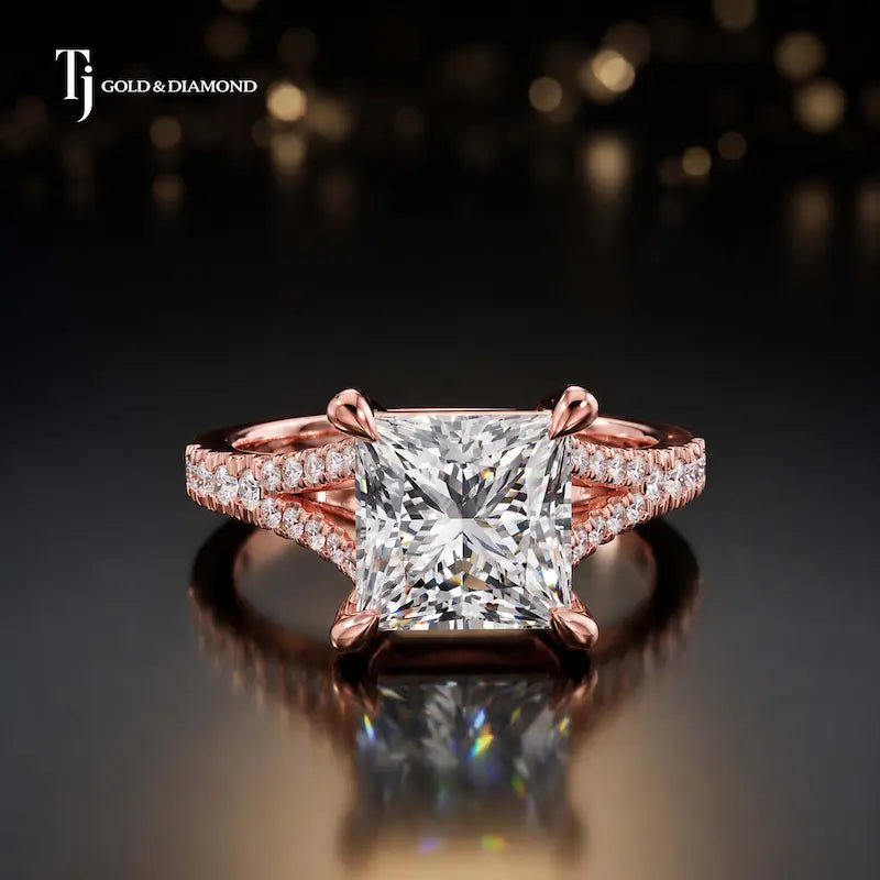 Front view of a princess cut split shank lab-grown diamond engagement ring in 18kt rose gold.
