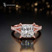 Front view of a princess cut split shank lab-grown diamond engagement ring in 18kt rose gold.