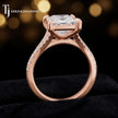 Side view of a princess cut split shank lab-grown diamond engagement ring featuring a four-claw cathedral setting in 18kt rose gold.