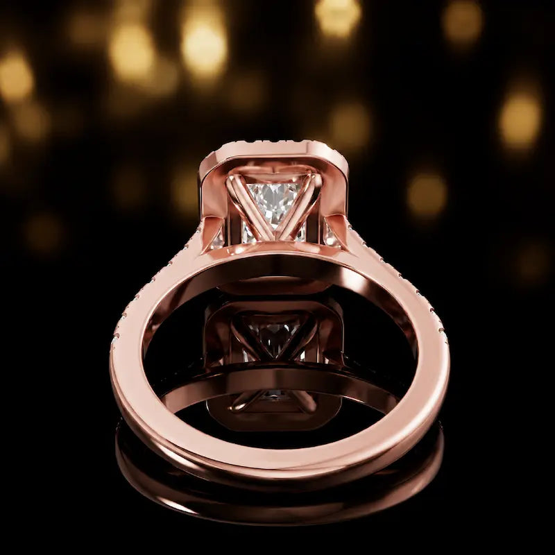 Rear view of a radiant cut halo lab-grown diamond engagement ring in 18kt rose gold.