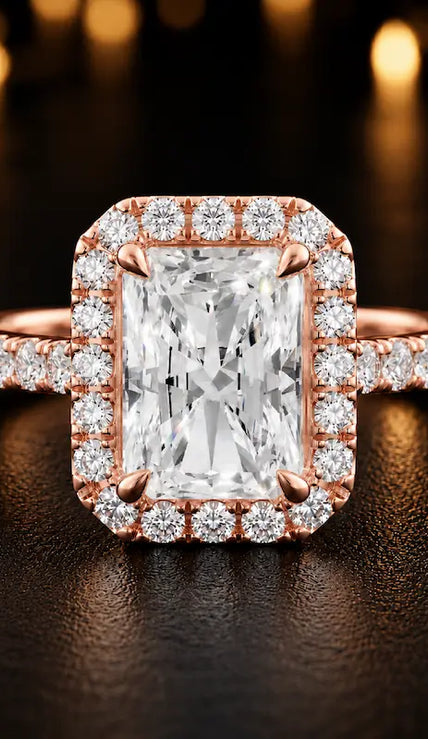 Front view of a radiant cut halo lab-grown diamond engagement ring in 18kt rose gold.