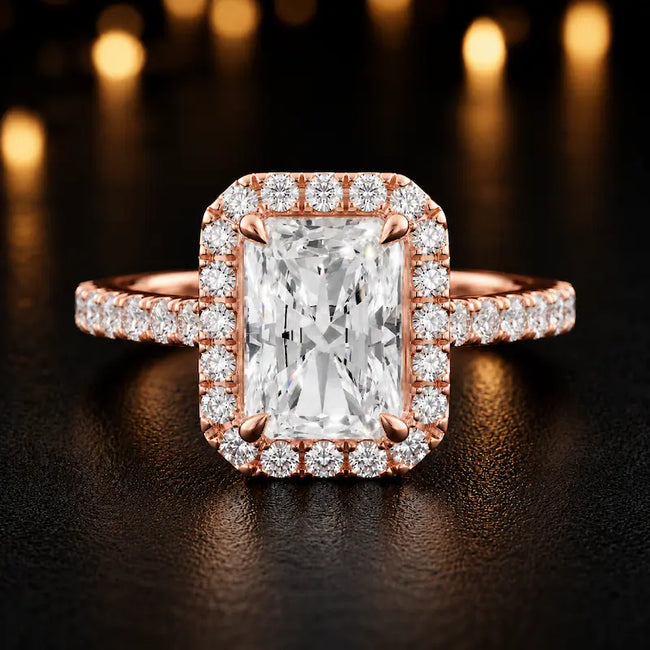 Front view of a radiant cut halo lab-grown diamond engagement ring in 18kt rose gold.