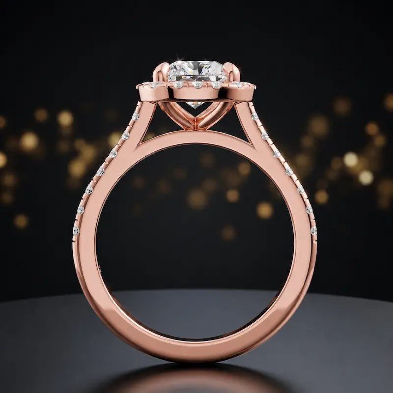 Side view of a radiant cut halo lab-grown diamond engagement ring with diamond-set shoulders in 18kt rose gold.