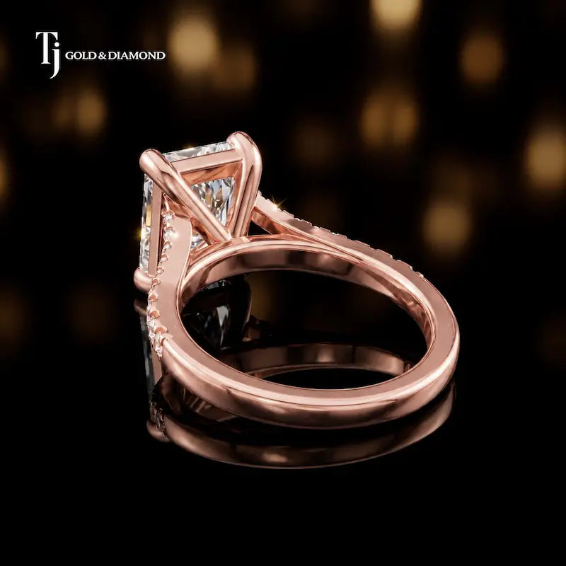 Back view of a radiant cut split shank lab-grown diamond engagement ring in 18kt rose gold.