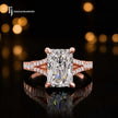 Front view of a radiant cut split shank lab-grown diamond engagement ring in 18kt rose gold.