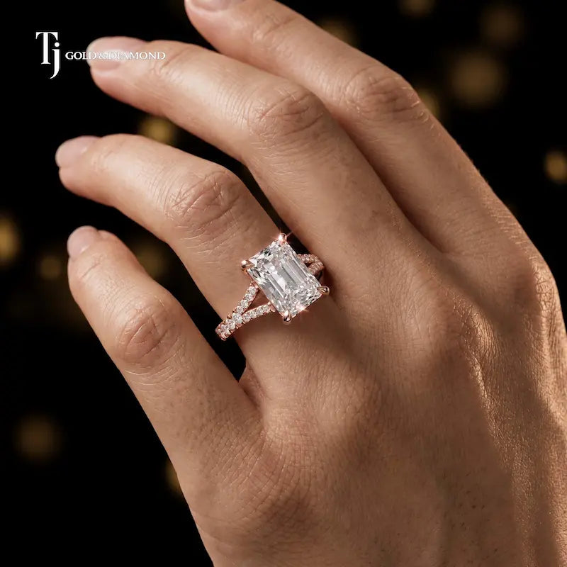 Radiant cut split shank lab-grown diamond engagement ring worn on hand in 18kt rose gold.