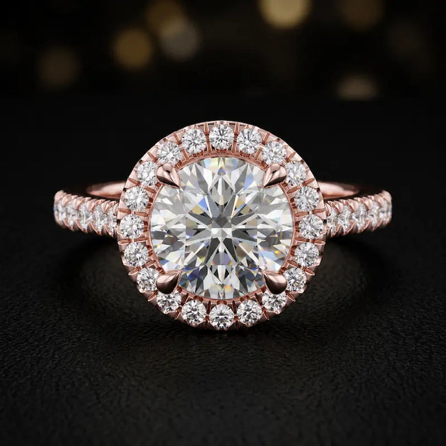 Front view of a round cut halo lab-grown diamond engagement ring in 18kt rose gold.