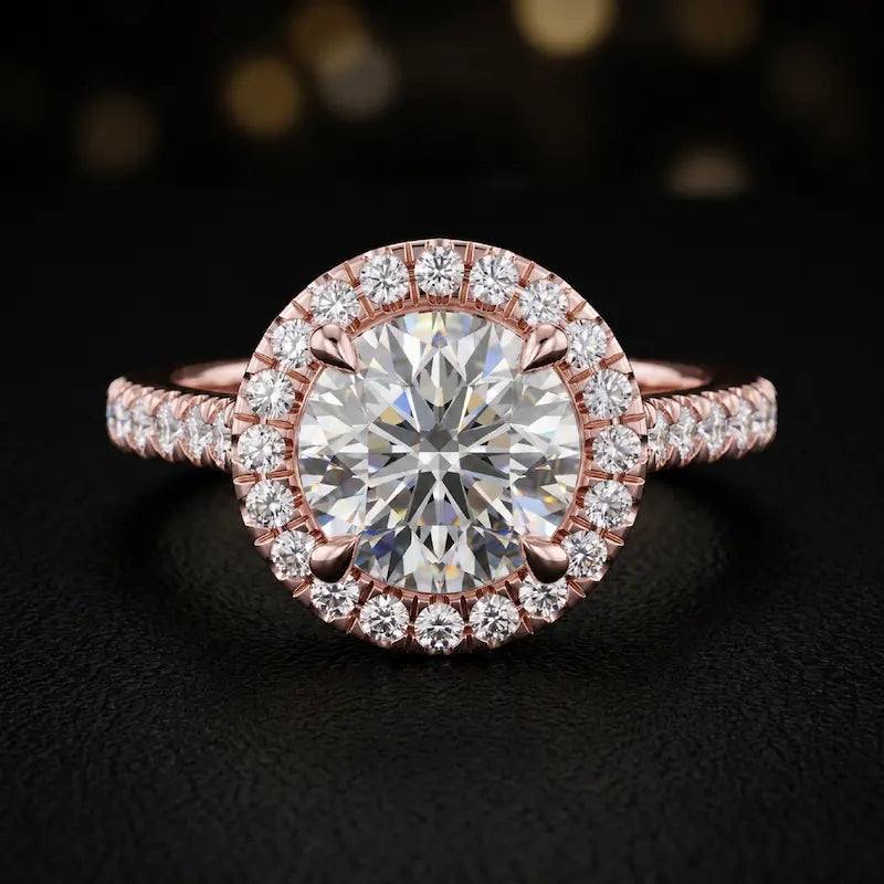 Front view of a round cut halo lab-grown diamond engagement ring in 18kt rose gold.