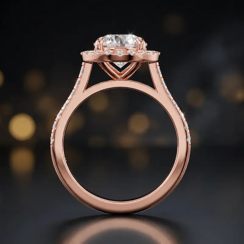 Side view of a round cut halo lab-grown diamond engagement ring with diamond-set shoulders in 18kt rose gold.