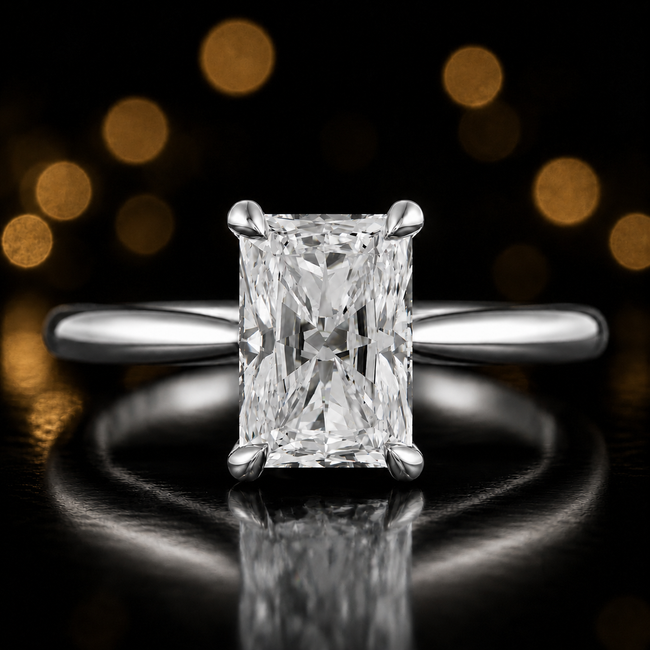Anillo con diamante solitario de talla radiante de 4 garras - Oro blanco