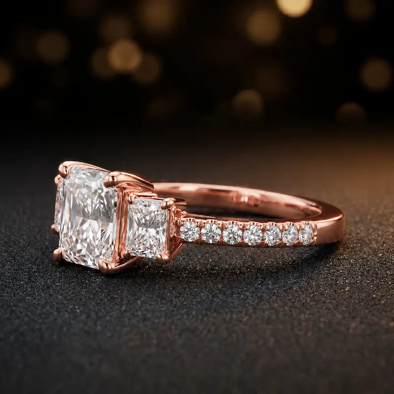 Side view of a radiant cut three-stone lab-grown diamond engagement ring in 18kt rose gold with diamond shoulders
