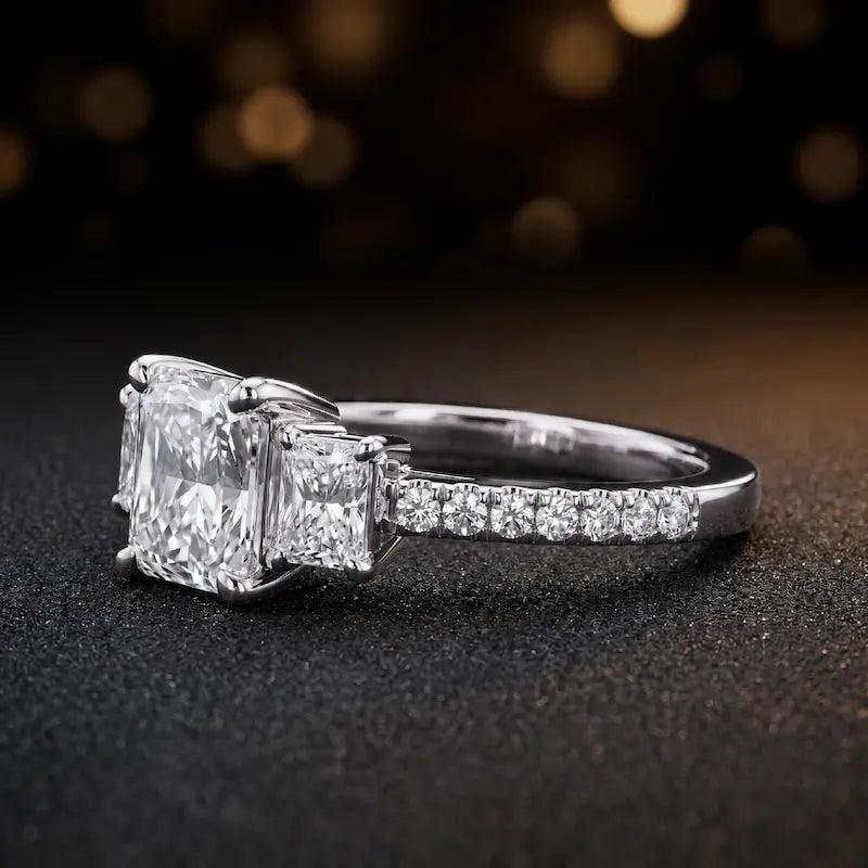 Side view of a radiant cut three-stone lab-grown diamond engagement ring in 18kt white gold with diamond shoulders