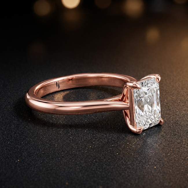 Anillo de diamantes solitario de talla radiante de 4 garras - Oro rosa