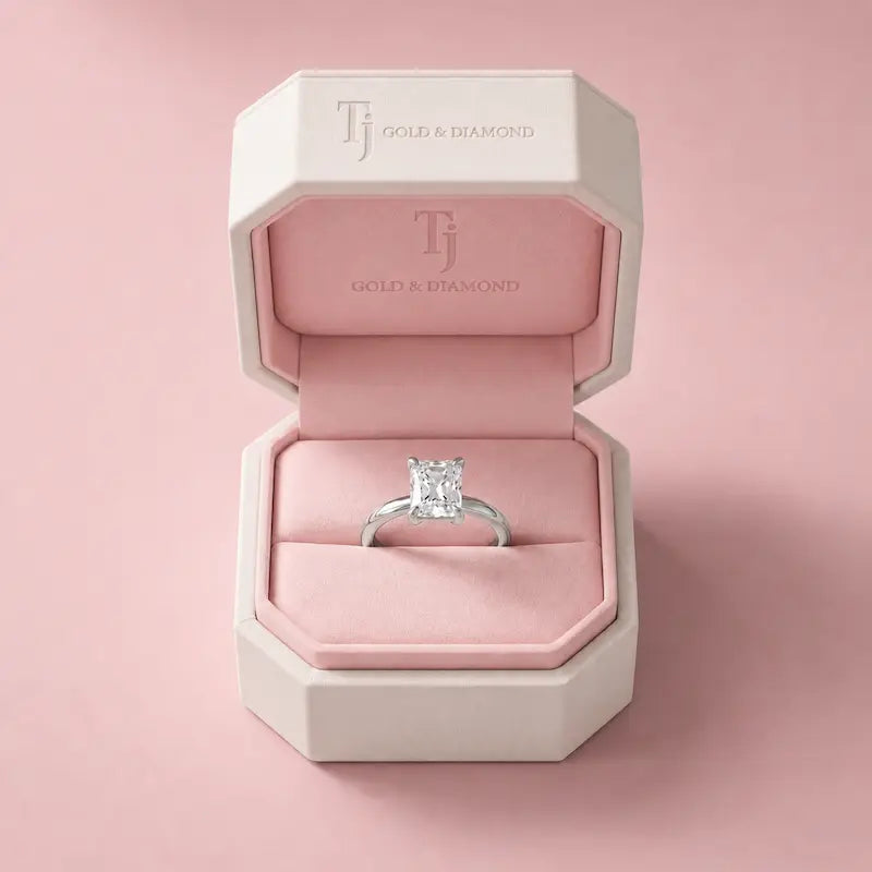 1.5 carat radiant cut lab-grown diamond solitaire engagement ring in 18kt white gold presented in a TJ Gold & Diamond box