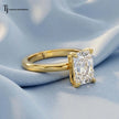 1.5 carat radiant cut lab-grown diamond solitaire engagement ring in 18kt yellow gold, side view on pink silk