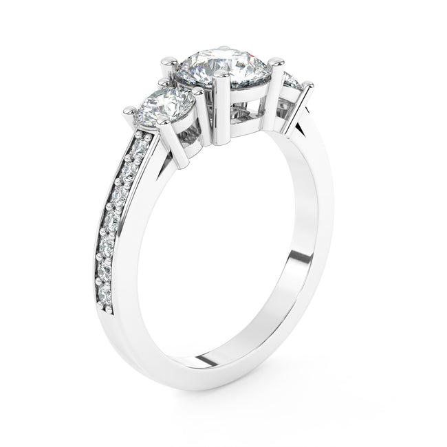 Three-Stone Round Brilliant Diamond Ring with Diamond Shoulders - Platinum