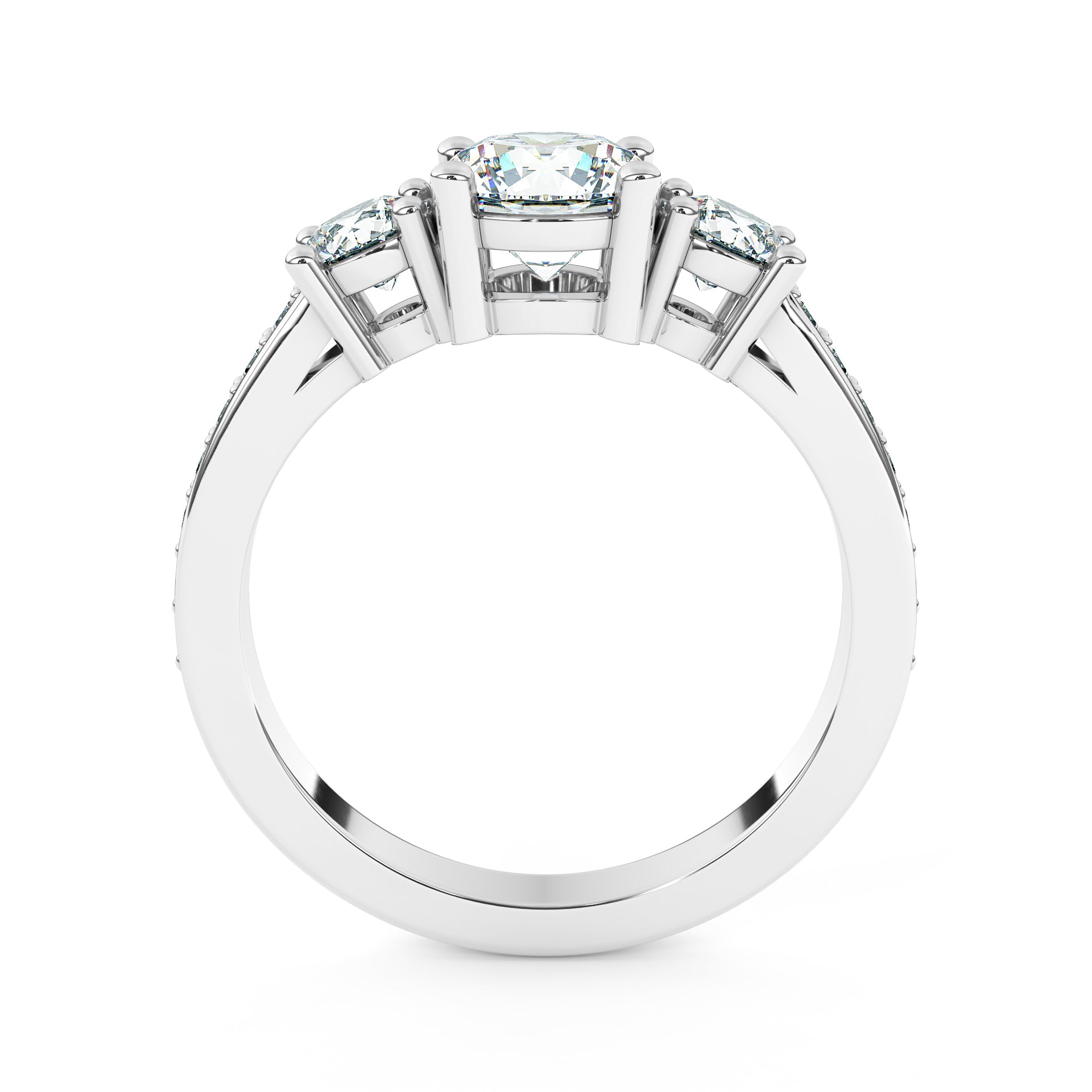 Three-Stone Round Brilliant Diamond Ring with Diamond Shoulders - Platinum