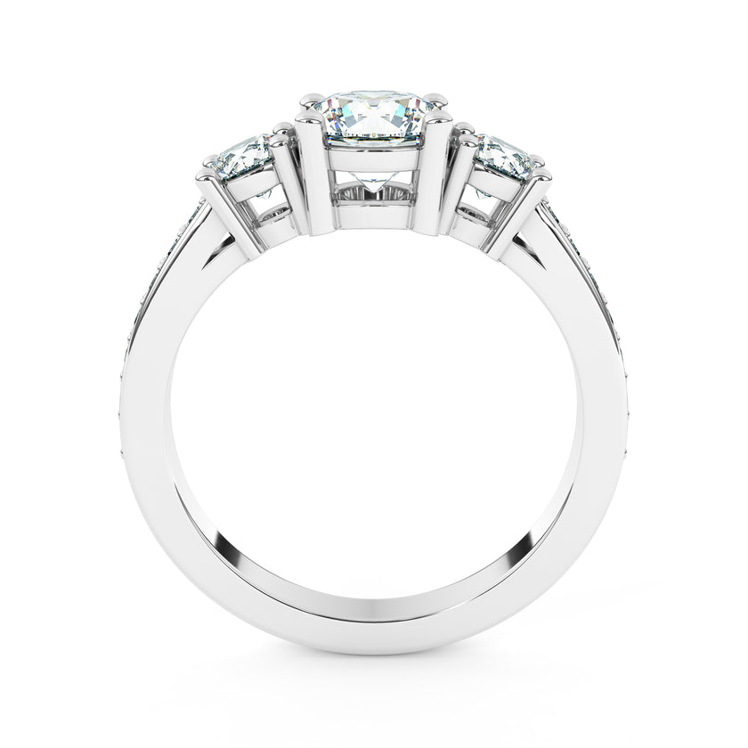 Three-Stone Round Brilliant Diamond Ring with Diamond Shoulders - Platinum