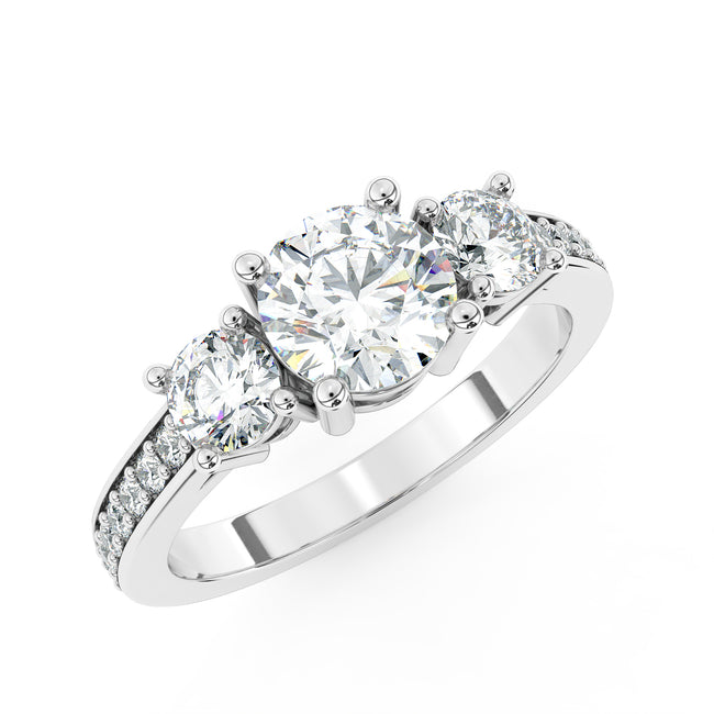 Three-Stone Round Brilliant Diamond Ring with Diamond Shoulders - Platinum