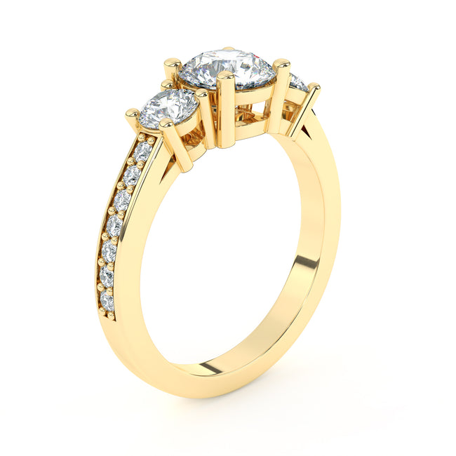 Anillo de diamantes redondos brillantes de tres piedras con hombros de diamantes - Oro amarillo