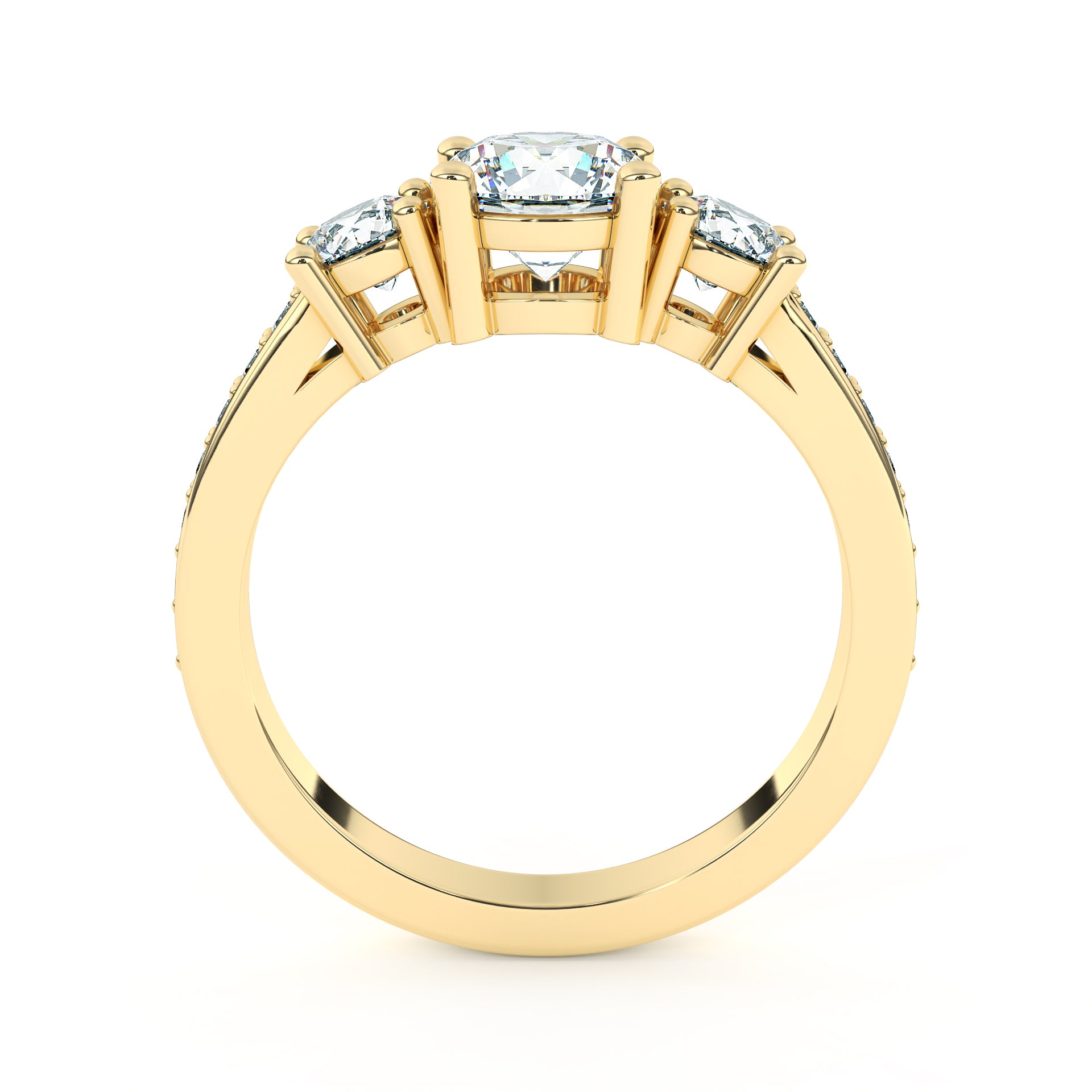 Three-Stone Round Brilliant Diamond Ring with Diamond Shoulders - Yellow Gold