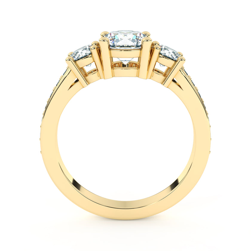 Three-Stone Round Brilliant Diamond Ring with Diamond Shoulders - Yellow Gold