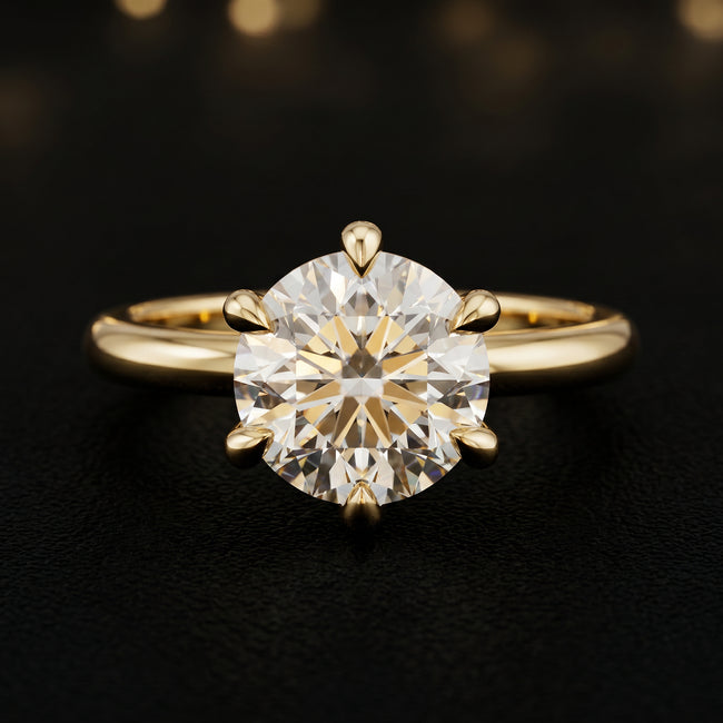 6-Claw Round Cut Solitaire Diamond Ring - Yellow Gold