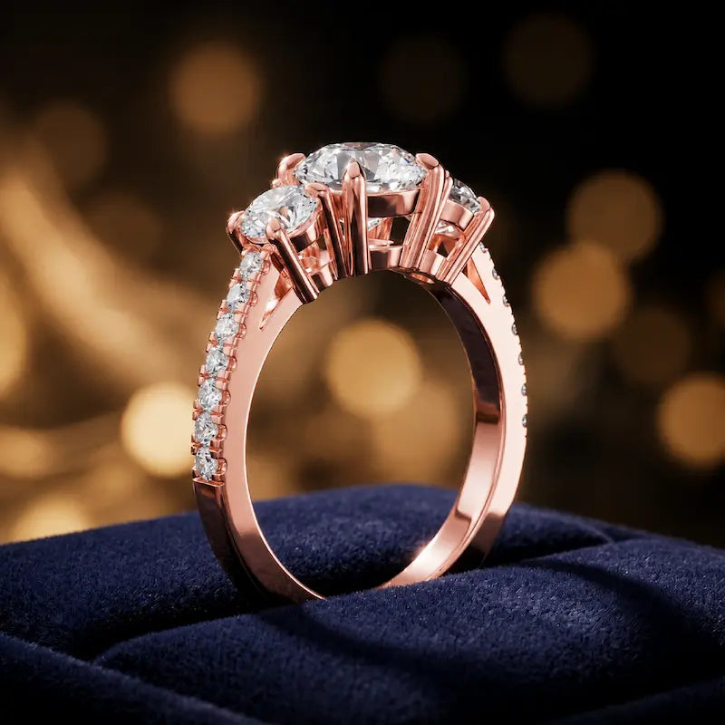 Angled view of a round cut three-stone lab-grown diamond engagement ring in 18kt rose gold with diamond shoulders